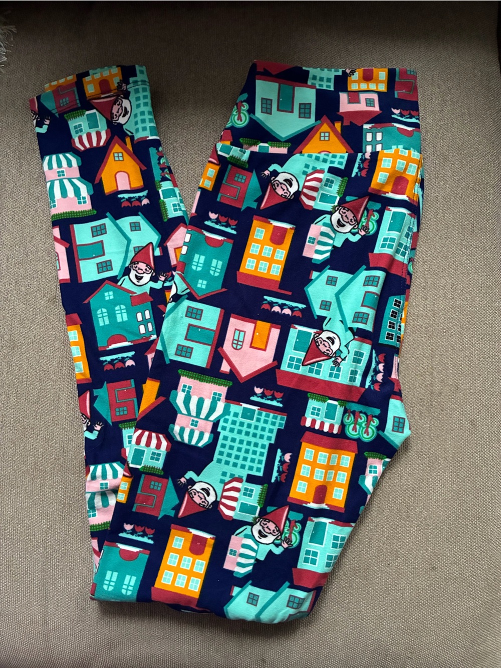 LuLaRoe Navy Blue Leggings with Teal, Pink and Yellow Village Print